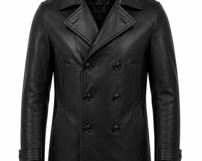 Men's Leather Pea Coat, Double Breasted Winter Jacket, Classic Nautical Overcoat, Gift for Him