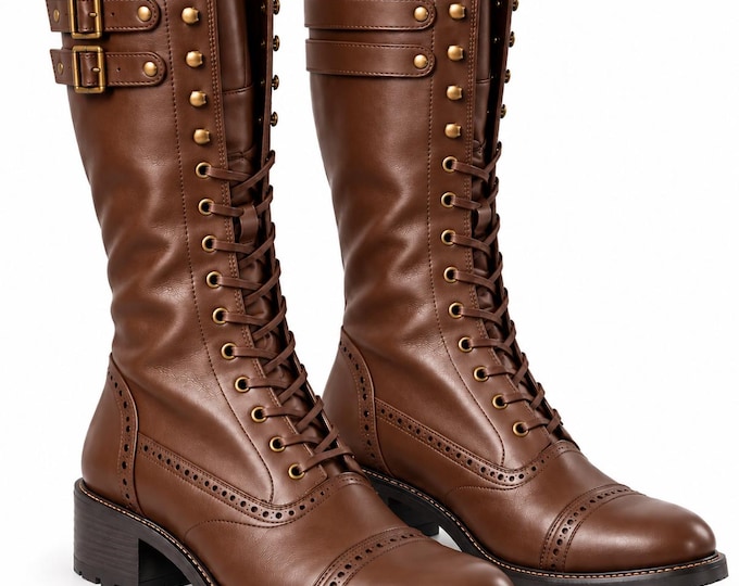 Men’s Tall Leather Combat Boots, Lace Up Victorian Gothic Steampunk Military Footwear