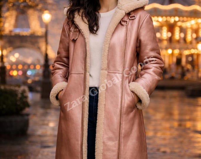 Women’s Shearling Leather Coat–Handmade Wnter Luxury Jacket Faux Fur Warm Outwear
