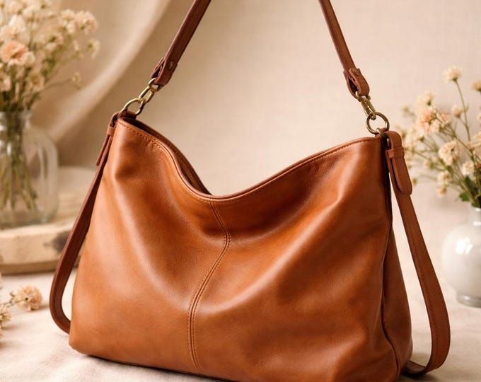 Minimal Shoulder Bag, Slouchy Hobo Purse, Genuine Leather, Soft Everyday Handbag for Women