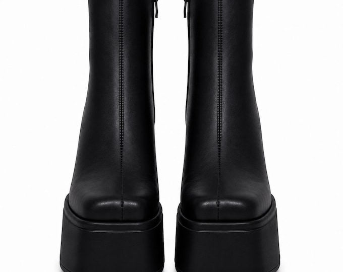 Women’s Platform Boots Chunky Heel Ankle Booties Square Toe Side Zip Fashion Shoes