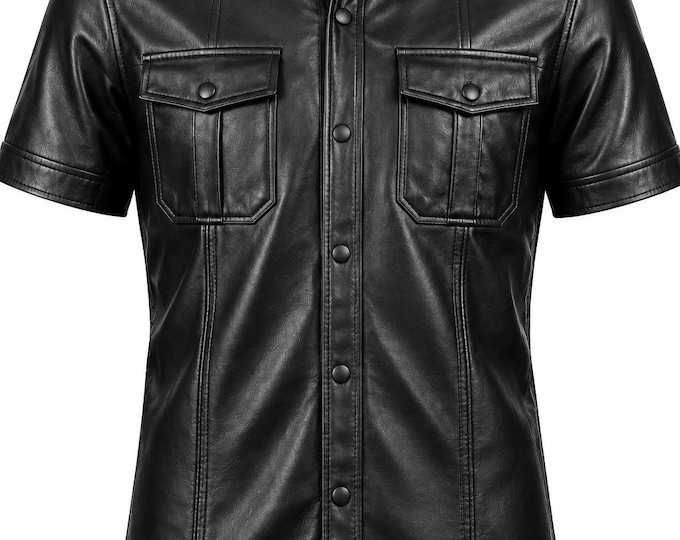 Men’s Blue Leather Shirt, Short Sleeve Button Up, Genuine Leather