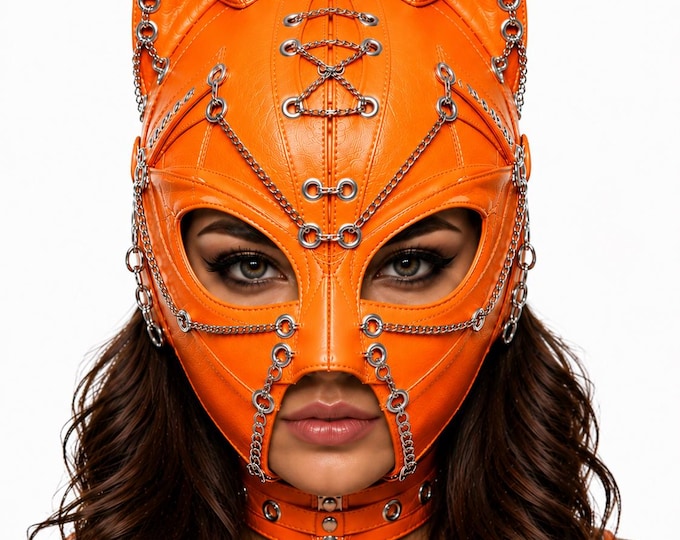 Gothic Cat Face Mask, Handmade Leather Cosplay Hood, Halloween Costume