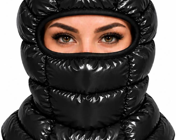Down Filled Puffer Balaclava Hood for Adults | Glossy Quilted Winter Face Warmer