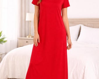 Women’s Long Red Sleep Dress | Soft Cotton Nightgown | Simple Comfortable Nightwear