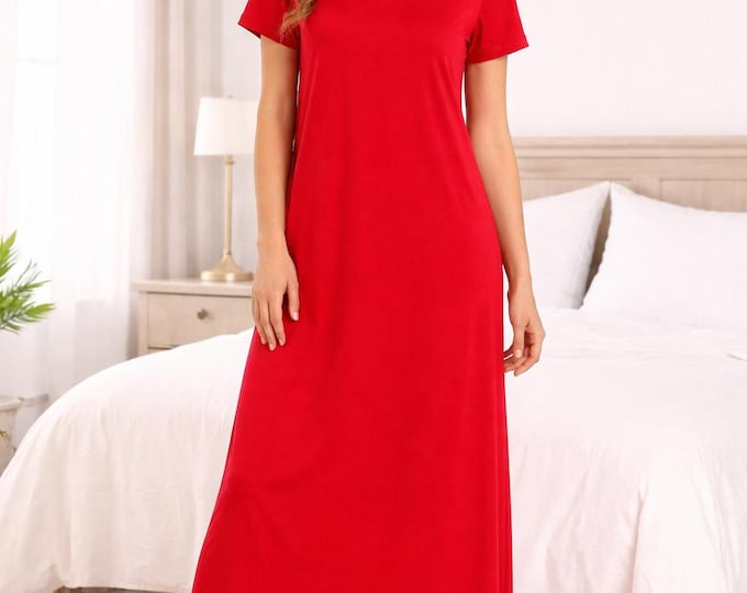 Women’s Long Red Sleep Dress | Soft Cotton Nightgown | Simple Comfortable Nightwear