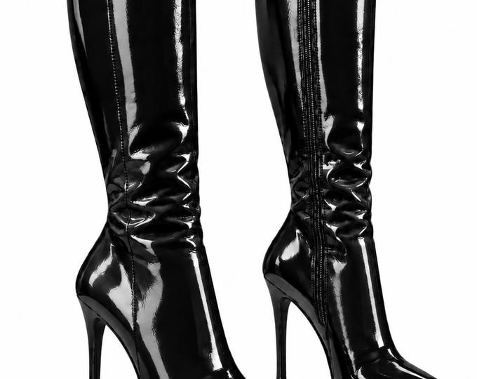 Glossy Leather Knee High Boots, Women’s Pointed Toe Stiletto Boots, Side Zip