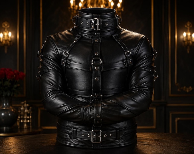 Genuine Leather Arm Binder Restraint Jacket, Full Sleeve Body Harness, Buckled Cosplay Jacket