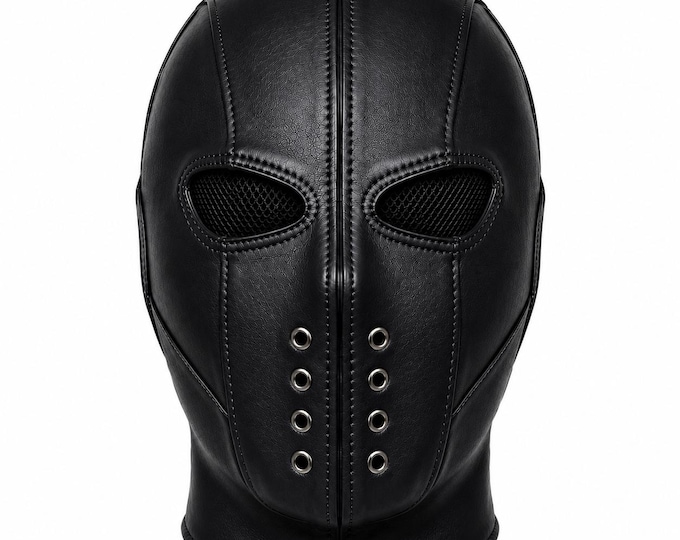 Black Leather Hood Mask for Men | Gothic Costume Headgear | Lace Up Back Mask