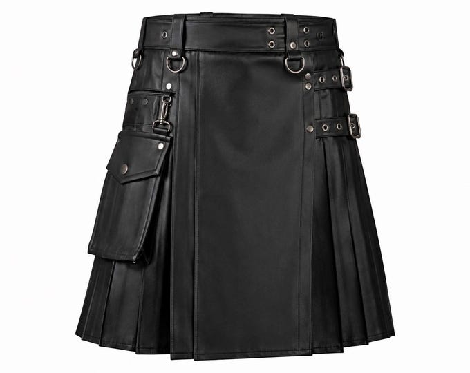 Men’s Leather Utility Kilt, Scottish Highland Style, Custom Made, Pleated Skirt