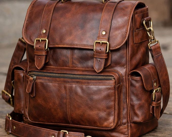 Handmade Goat Leather Backpack, Vintage Laptop Bag, Convertible Rucksack, Travel Purse for Men Women