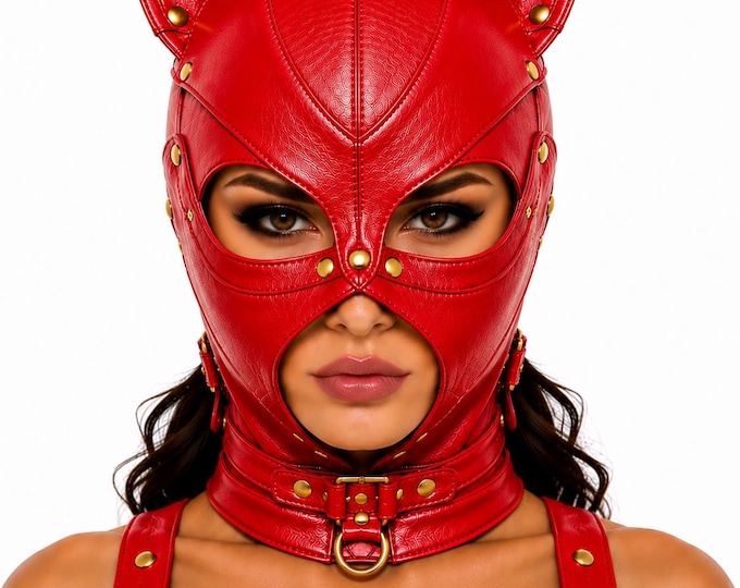 Genuine Leather Cat Hood Mask, Gothic Open Face Cosplay Costume