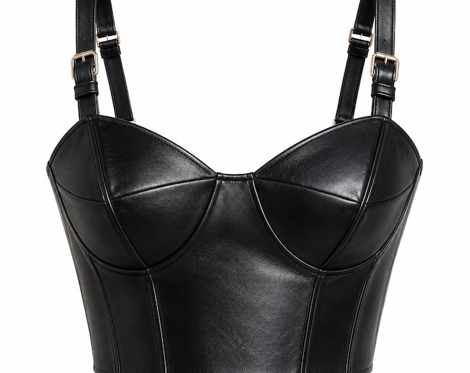 Black Leather Geometric Bralette, Adjustable Strap Bustier Crop Top, Gothic Corset