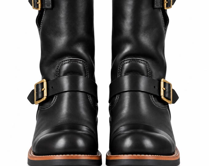 Black Engineer Boots, Mens Motorcycle Riding Footwear, Buckle Biker Shoes, Handmade