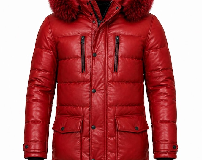 Maroon Puffer Parka, Fur Hood Long Winter Coat, Handmade Men’s Winter Jacket