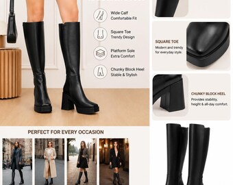 Women's Knee High Platform Shoes, Wide Calf Chunky Heel, Square
