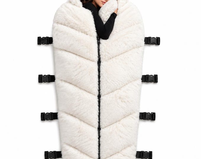 White Faux Fur Hooded Sleeping Bag, Plush Warm Cocoon, Adult Sizes S-4XL