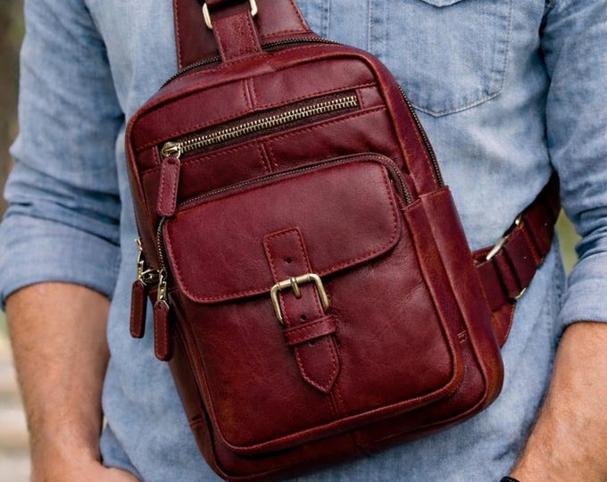 Men’s Leather Sling Crossbody Chest Pack Travel Shoulder Multi Pocket Vintage Style
