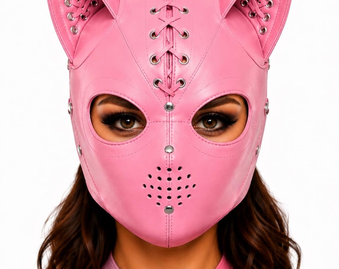 Handmade Leather Cat Face Mask, Gothic Cosplay Hood, Festival Costume