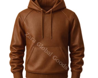 Men’s Brown Leather Hoodie – Casual Pullover Hooded Sweatshirt