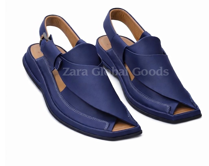 Handmade Blue Leather Chapal for Men – Traditional Back Strap Sandals
