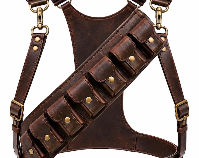 Leather Chest Harness with Utility Pouches, Steampunk Bandolier, Cosplay Costume