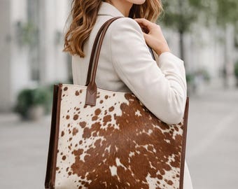 Handmade Cowhide Leather Tote Bag for Women – Stylish Shoulder Purse, Unique Western Work Bag