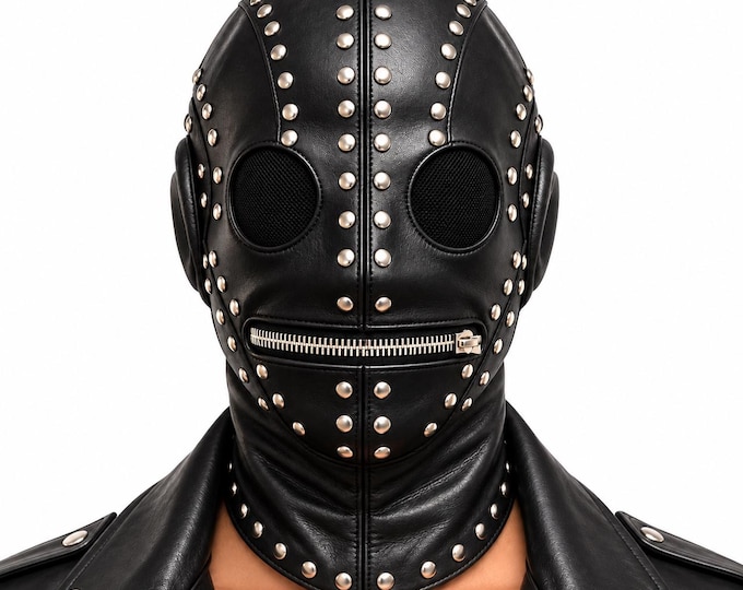 Genuine Leather Gothic Hood Mask, Studded Full Face Cosplay Costume