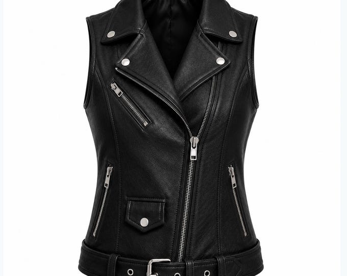 Wlmens Genuine Leather Biker Vest Slim Fit Motorcycle Style Belt Punk Rock Fashion Vest