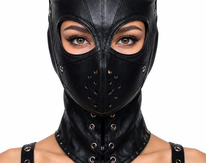 Genuine Leather Cat Face Mask, Full Head Hood, Gothic Cosplay Costume, Handmade