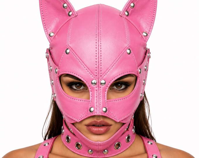 Leather Cat Hood Mask, Gothic Cosplay Headpiece, Handmade Costume Headwear