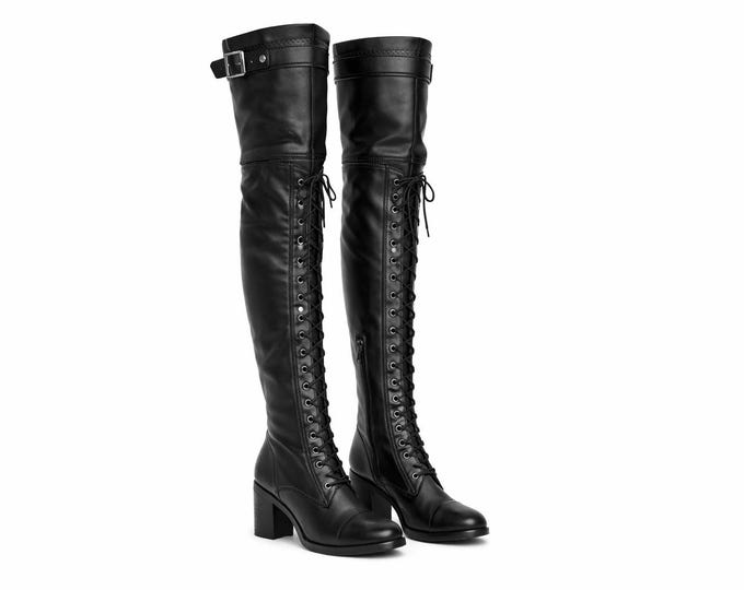 Handmade Over The Knee Boots Women Lace Up Leather Tall Boots