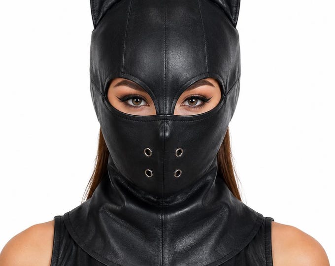 Gothic Cat Hood, Full Face Cover, Handmade Leather Cosplay Headwear, Cat Ear Festival Costume