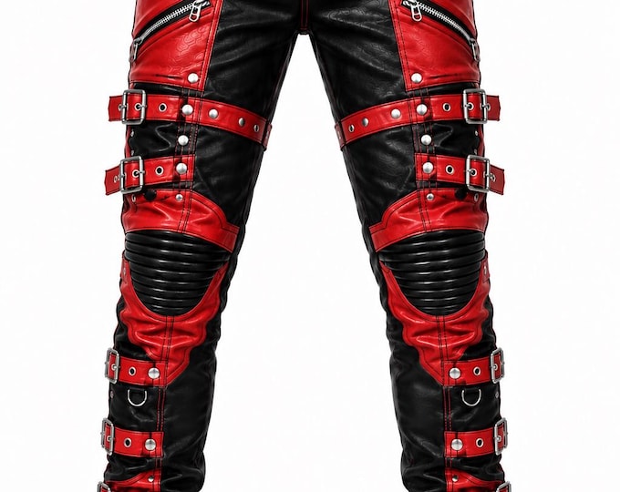 Men's Biker Leather Trousers, Gothic Motorcycle Pants with Strap Buckles