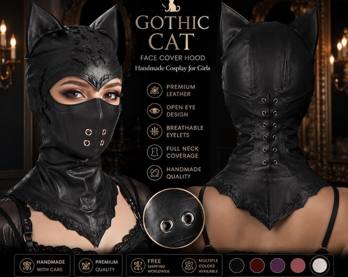 Leather Cat Face Mask, Gothic Cosplay Hood, Handmade Feline Costume, Adjustable Sizes