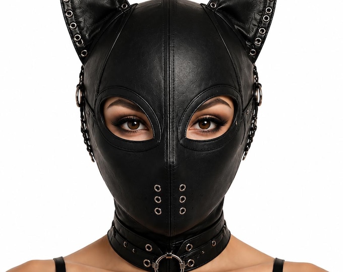 Gothic Leather Cat Mask, Handmade Cosplay Hood, Halloween Costume Headwear