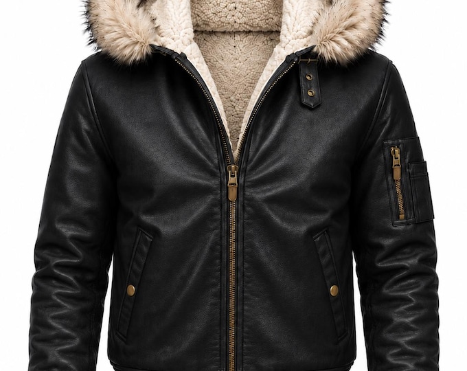 Men's Hooded Leather Bomber Jacket | Faux Fur Lined Winter Aviator Coat