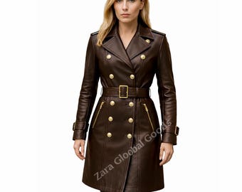 Women’s Brown Trench Coat, Double Breasted Belted Jacket, Gold Button Winter Outerwear