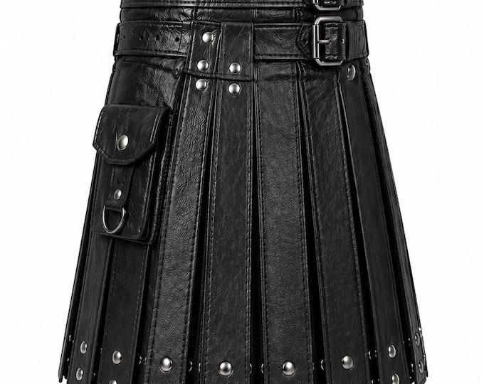 Men’s Black Gladiator Kilt, Tactical Pleated Utility Wear, Gothic Punk Biker Style with Pockets