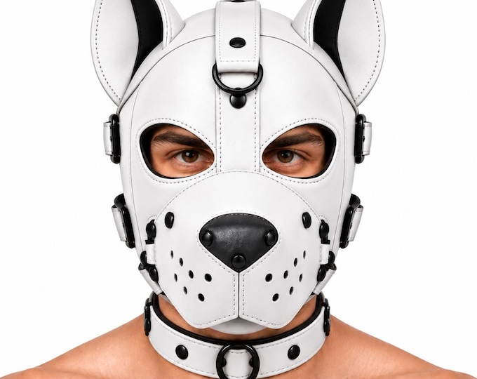 Leather Puppy Hood Mask with Ears, Detachable Muzzle, Adjustable Handmade Pup Hood