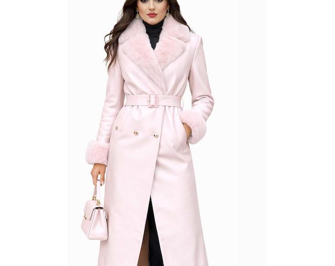 Blush Pink Leather Coat with Faux Fur Collar – Handmade Winter Long Jacket