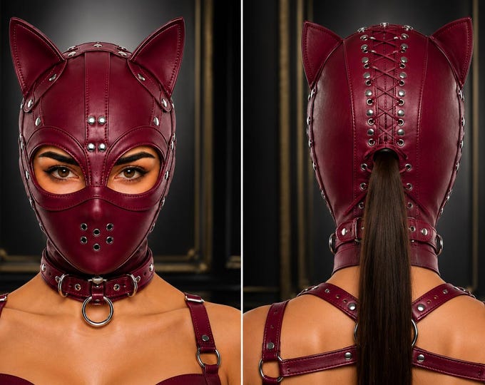 Gothic Leather Cat Ear Face Mask, Lace-Up Full Head Hood, Cosplay Costume