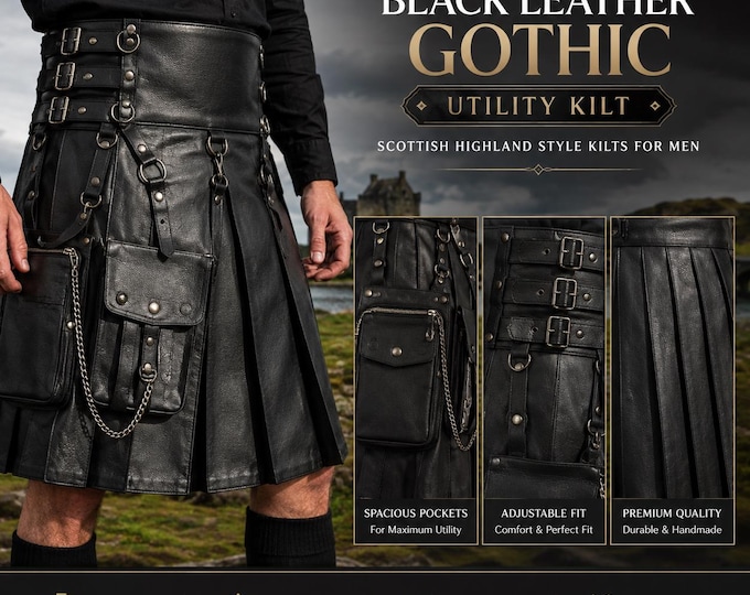 Men's Genuine Leather Gothic Utility Kilt, Scottish Style Kilt with Pockets