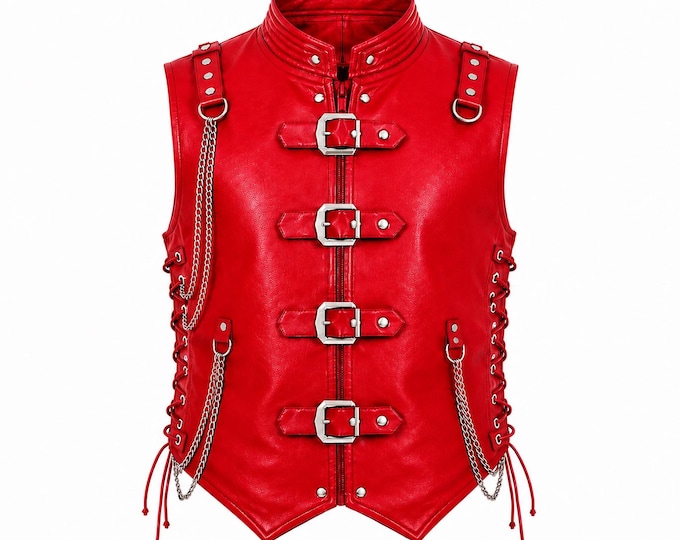Handmade Leather Gothic Vest, Buckle Chain Waistcoat, Lace Up Punk Biker Steampunk Vest