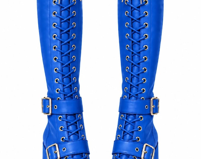 Women's Knee High Motorcycle Boots, Lace Up Buckle Platform, Chunky Heel Riding Footwear