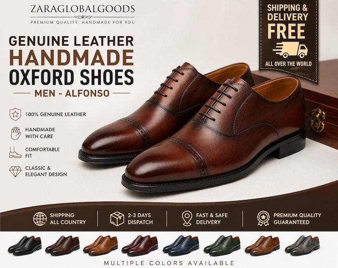 Men’s Oxford Shoes Handmade Genuine Leather Cap Toe Formal Dress Shoes Wedding Office Wear