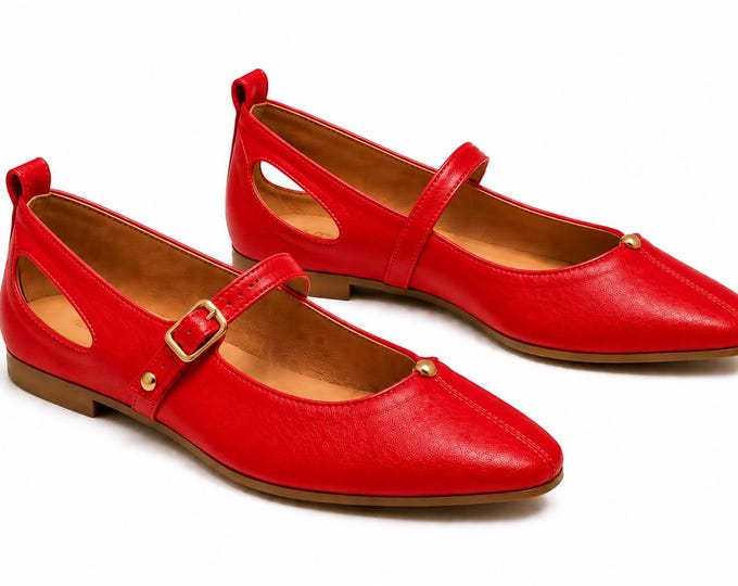 womens handmade Mary Jane Leather Flats Vintage pointed Toe Casual Footwear