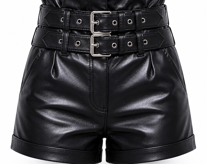 Handmade High Waist Leather Shorts Women Gothic Festival Streetwear Faux leather Buckle Punk Clubwear