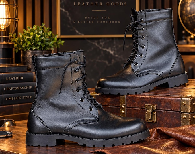 Leather Combat Boots, Lace Up Boots, Rugged Lug Sole Boots, Unisex Footwear