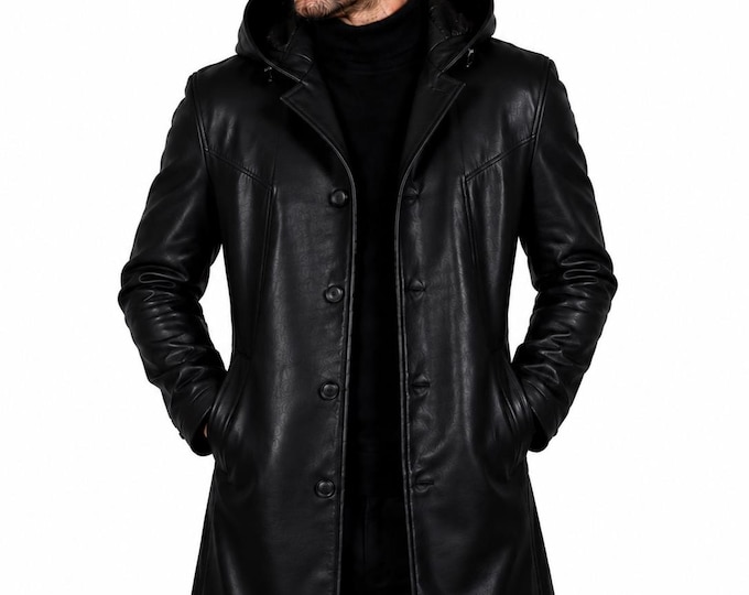 Men’s Hooded Leather Trench Coat | Genuine Long Biker Jacket | Winter Overcoat Gift Him